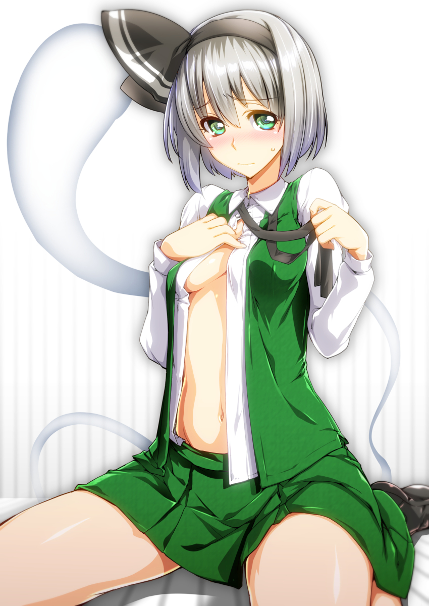 1girl blouse blush breasts ebido green_eyes hairband highres konpaku_youmu konpaku_youmu_(ghost) looking_at_viewer navel open_clothes open_shirt shirt short_hair silver_hair sitting skirt solo sweatdrop touhou wariza