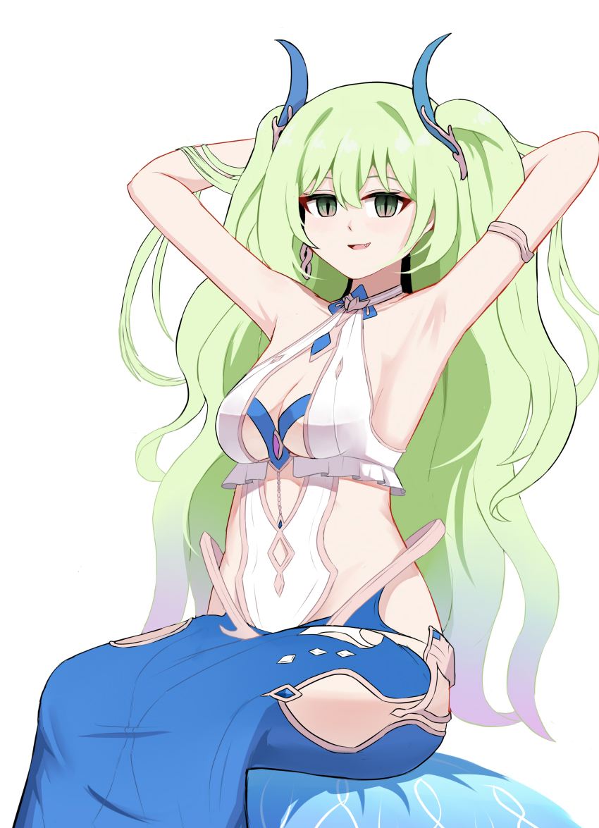 1girl absurdres armpits arms_behind_head arms_up blue_skirt breasts check_clothing clothing_request commentary earrings gradient_hair green_eyes green_hair hair_ornament highres honkai_(series) honkai_impact_3rd jewelry leotard long_hair looking_at_viewer marin_liekuriva medium_breasts mobius_(daughter_of_corals)_(honkai_impact) mobius_(honkai_impact) multicolored_hair official_alternate_costume sideless_leotard simple_background single_earring skirt slit_pupils smile solo very_long_hair white_background white_leotard