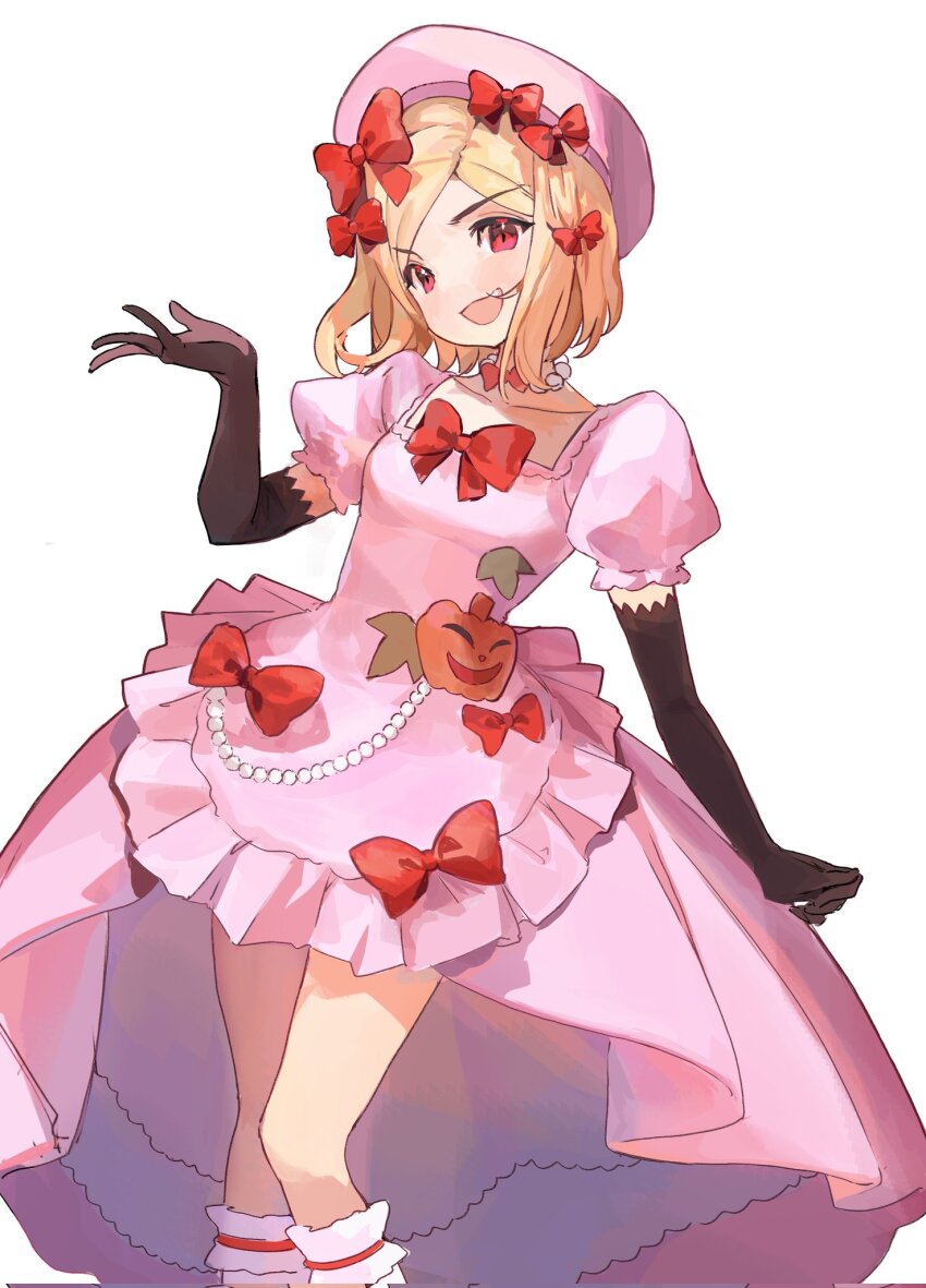 1girl beret black_gloves blonde_hair bow dress dress_bow elbow_gloves gloves hair_bow hat hat_bow highres jack-o&#039;-lantern jewelry lambdadelta necklace open_mouth pearl_necklace pink_dress pink_hat puffy_short_sleeves puffy_sleeves red_bow red_eyes saechi_(lnyn248329) short_hair short_sleeves simple_background smile solo umineko_no_naku_koro_ni white_background