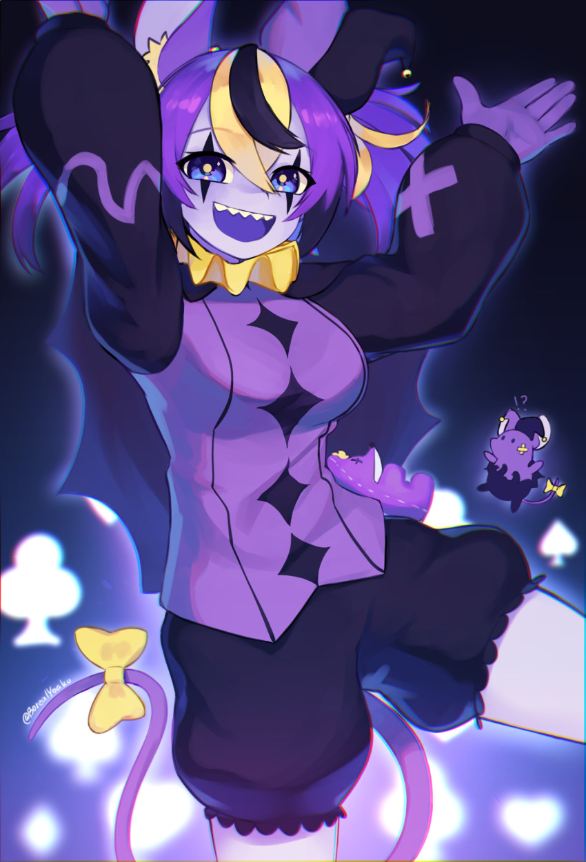 !? 1girl :d animal_ears blue_eyes bow breasts clown cosplay deltarune grin hakos_baelz hands_up hat highres hololive hololive_english jester_cap jevil jevil_(cosplay) large_breasts long_sleeves looking_at_viewer mouse_(animal) mouse_ears multicolored_hair open_mouth puffy_long_sleeves puffy_shorts puffy_sleeves purple_hair purple_theme purple_vest sharp_teeth shorts smile solo standing streaked_hair stuffed_animal stuffed_mouse stuffed_toy tail tail_bow tail_ornament teeth twintails vest virtual_youtuber yellow_bow yoako