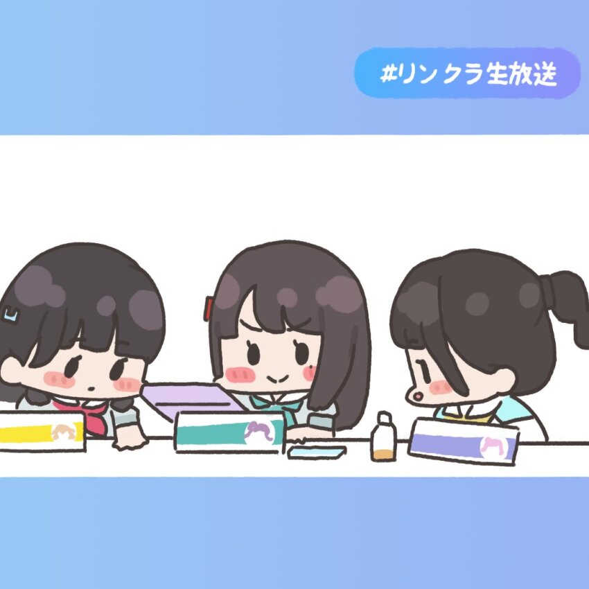 3girls animification aqua_neckerchief black_hair blunt_bangs blush_stickers chibi chibi_only closed_mouth commentary_request derivative_work dress hanamiya_nina hashtag hasu_no_sora_school_uniform kurusu_rin link!_like!_love_live! long_hair love_live! mole mole_under_eye multi-tied_hair multiple_girls neckerchief nirei_nozomi open_mouth ponytail puffy_short_sleeves puffy_sleeves real_life red_neckerchief sailor_collar sailor_dress school_uniform screenshot_redraw short_sleeves smile solid_oval_eyes split_mouth summer_uniform sunkeun translation_request v-shaped_eyebrows voice_actor white_dress white_sailor_collar yellow_neckerchief