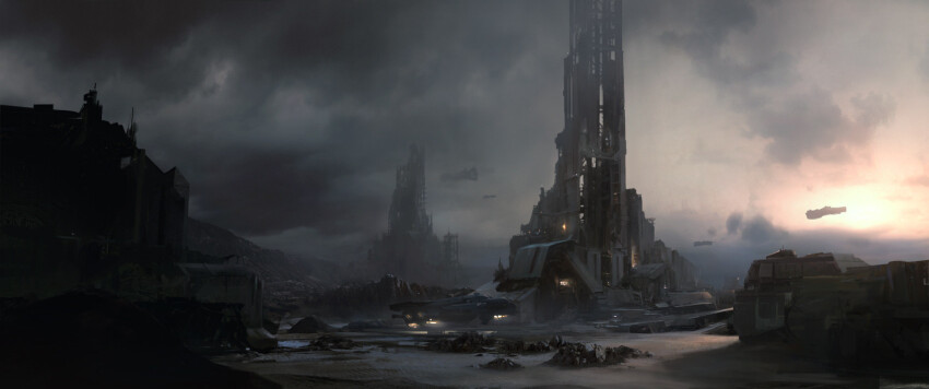 aircraft borkur building cloud commentary eve_online flying glowing grey_theme highres landscape no_humans official_art overcast realistic rock scenery science_fiction sky