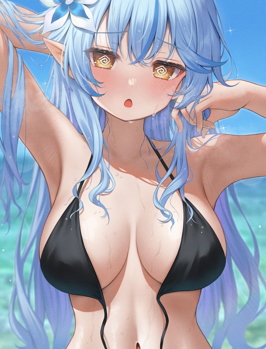 1girl @_@ absurdres alternate_costume armpits arms_up bikini black_bikini blue_hair blue_sky blurry blurry_background breasts commentary_request day ebihurai elf flower hair_flower hair_ornament highres hololive large_breasts long_hair looking_at_viewer navel open_mouth pointy_ears sky solo swimsuit untied_bikini_top upper_body virtual_youtuber wardrobe_malfunction yellow_eyes yukihana_lamy