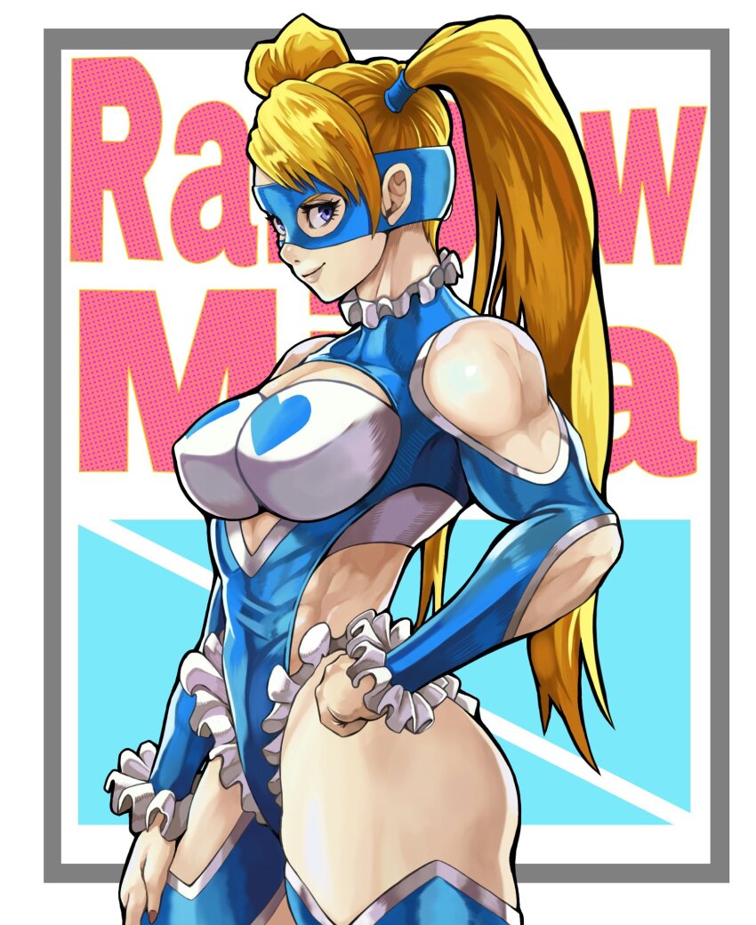 blonde_hair boots character_name eye_mask frills hands_on_own_hips heart highres lip_gloss muscular muscular_female nail_polish rainbow_mika simple_background smile standing street_fighter street_fighter_zero_(series) thigh_boots to-ru twintails wrestler wrestling_outfit