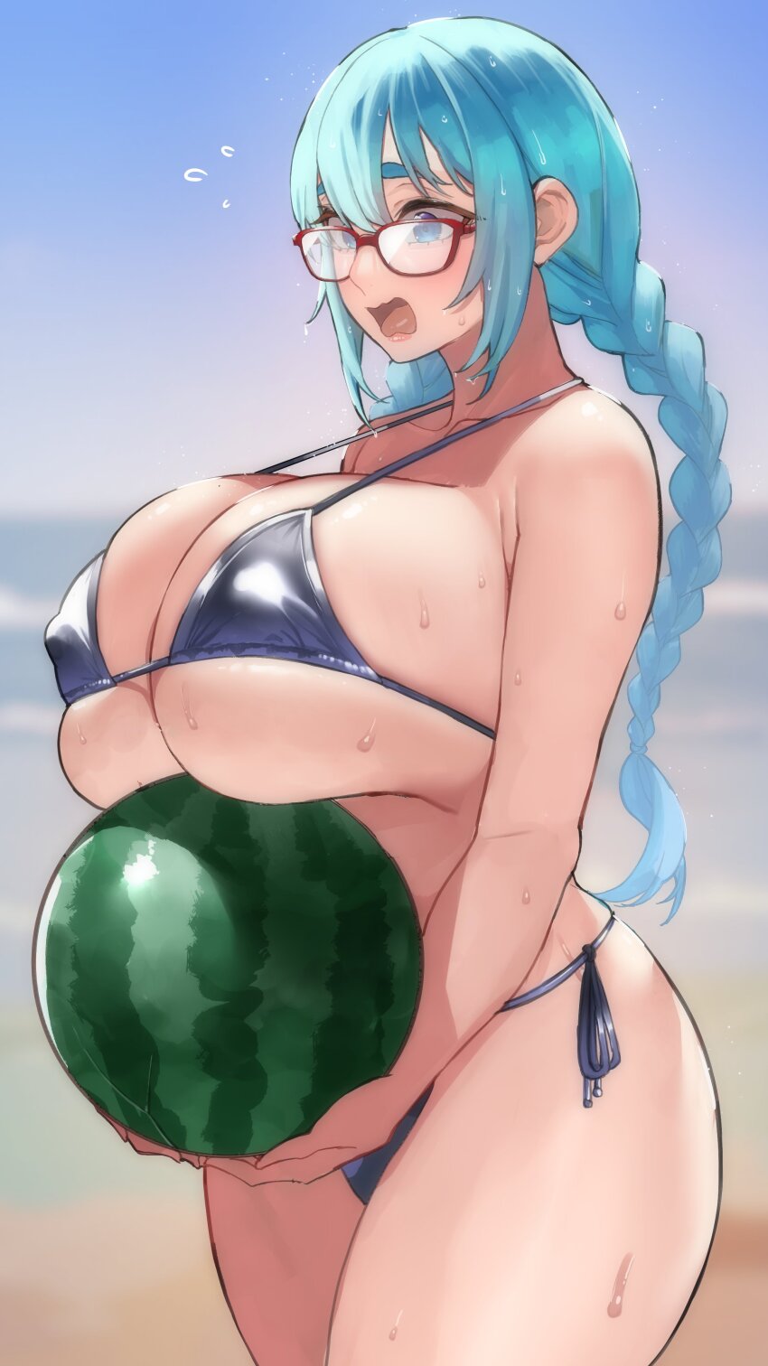 1girl absurdres bare_shoulders bikini blood_hood blue_bikini blue_eyes blue_hair blurry blurry_background braid breasts curvy day food fruit glasses halterneck highres holding holding_food holding_fruit holding_watermelon huge_breasts inchou_(kaitsu_tokiyas) long_hair open_mouth red-framed_eyewear side-tie_bikini_bottom sidelocks single_braid solo strap_gap summer swimsuit thick_eyebrows underboob watashi_no_inchou_desu!! watermelon wet