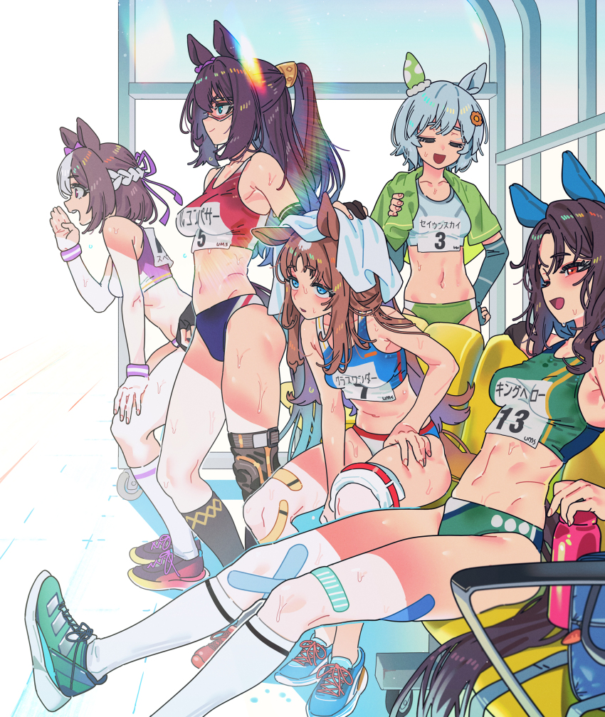 5girls absurdres alternate_costume alternate_hairstyle animal_ears armpits black_hair breasts brown_hair closed_mouth commentary_request el_condor_pasa_(umamusume) golden_generation_(umamusume) grass_wonder_(umamusume) grey_hair hair_ornament highres horse_ears horse_girl king_halo_(umamusume) long_hair medium_breasts midriff multiple_girls navel purple_eyes sarcophage seiun_sky_(umamusume) simple_background sitting special_week_(umamusume) standing sweat towel umamusume white_background