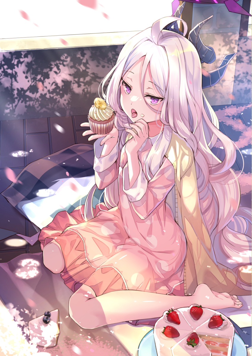 1girl barefoot black_horns blue_archive blush cake cardigan cardigan_on_shoulders commentary_request demon_girl demon_horns demon_wings food food_on_face hair_between_eyes halo highres hina_(blue_archive) holding holding_food horns jin_young-in long_hair long_sleeves looking_at_viewer muffin multiple_horns official_alternate_costume official_alternate_hairstyle open_cardigan open_clothes open_mouth pajamas parted_bangs petals pink_pajamas polka_dot polka_dot_pajamas purple_eyes sidelocks sitting soles solo toes tongue tongue_out wariza wavy_hair white_hair wings yellow_cardigan