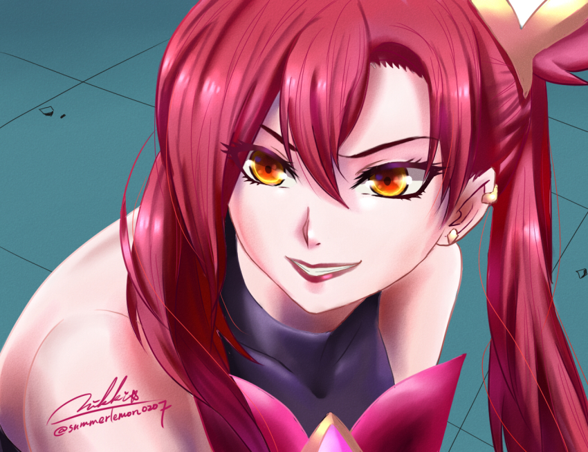 1girl alternate_costume alternate_hair_color alternate_hairstyle bare_shoulders bow hair_ornament jinx_(league_of_legends) league_of_legends long_hair magical_girl meme red_bow red_eyes red_hair red_lips sailor_moon_redraw_challenge_(meme) solo star_guardian_(league_of_legends) star_guardian_jinx twintails very_long_hair