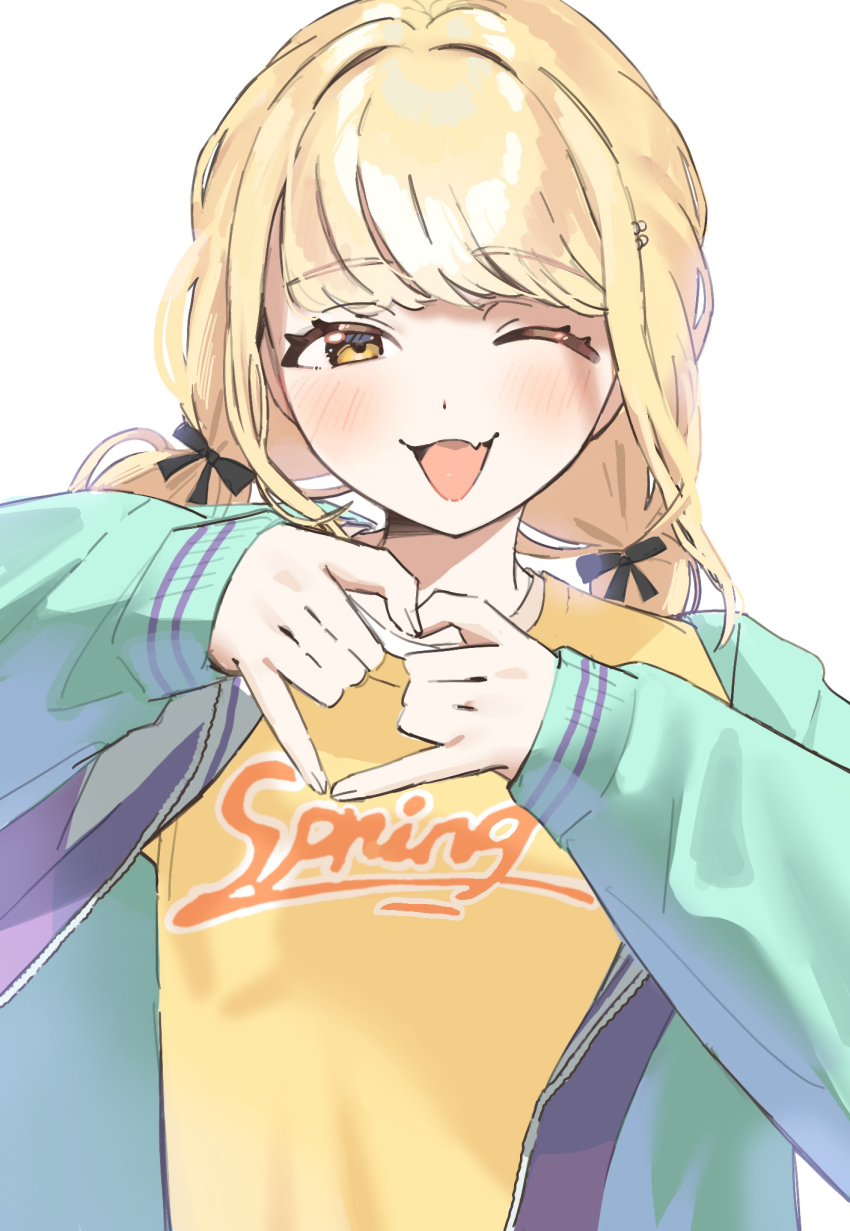 1girl 4-finger_heart_hands ;d blonde_hair commentary_request fang fujita_kotone gakuen_idolmaster hair_ribbon heart heart_hands highres idolmaster jacket long_sleeves looking_at_viewer multicolored_clothes multicolored_jacket one_eye_closed open_clothes open_jacket open_mouth ribbon shiina_aoi_(hcwy5453) shirt simple_background skin_fang smile solo upper_body white_background yellow_eyes yellow_shirt