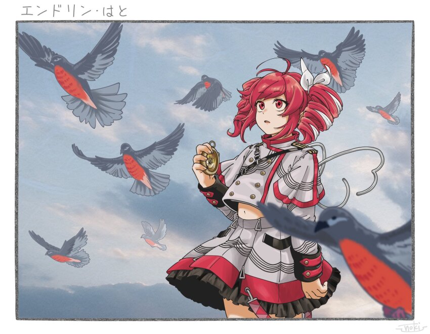 1girl animal antenna_hair bird cloud commentary compass day drill_hair endling_hato_(synthesizer_v) frilled_skirt frills fujinoki_(horonabe-ken) highres holding_compass kasane_teto kasane_teto_(sv) long_sleeves midriff multicolored_hair outdoors parted_lips red_eyes red_hair skirt sky synthesizer_v twin_drills utau white_hair