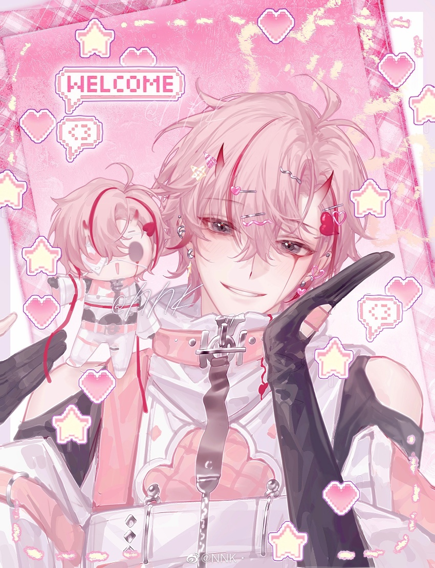 1boy absurdres bishounen black_gloves blush demon demon_boy gloves highres looking_at_another male_focus multicolored_hair nijisanji nnk_(nongnong) pink_hair solo streaked_hair tocci_(virtuareal) virtual_youtuber virtuareal