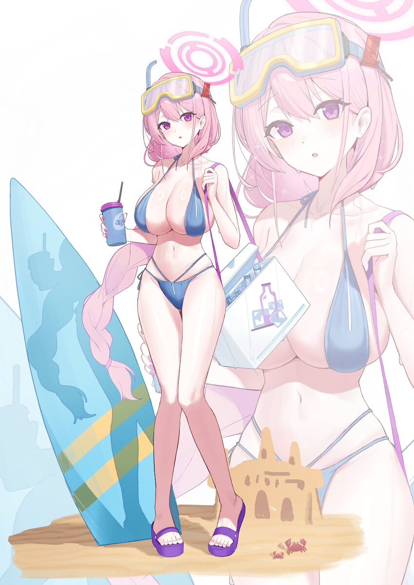 1girl absurdres alternate_costume bikini blue_archive blue_bikini braid breasts cleavage crab eimi_(blue_archive) goggles goggles_on_head halo highres large_breasts pink_hair pink_halo purple_footwear sand sand_castle sand_sculpture sandals single_braid solo surfboard swimsuit zanya_000