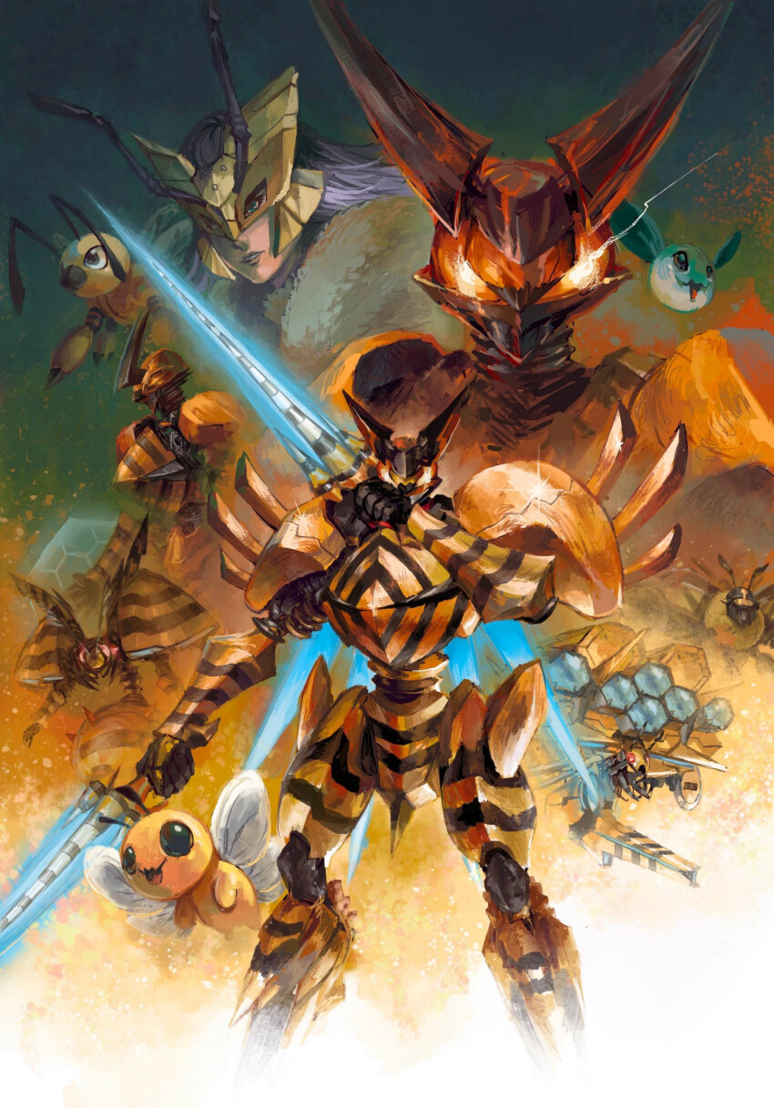 armor cannonbeemon digimon digimon_(creature) epic evolutionary_line forgebeemon funbeemon highres pupumon puroromon queenbeemon tigervespamon vespamon wings