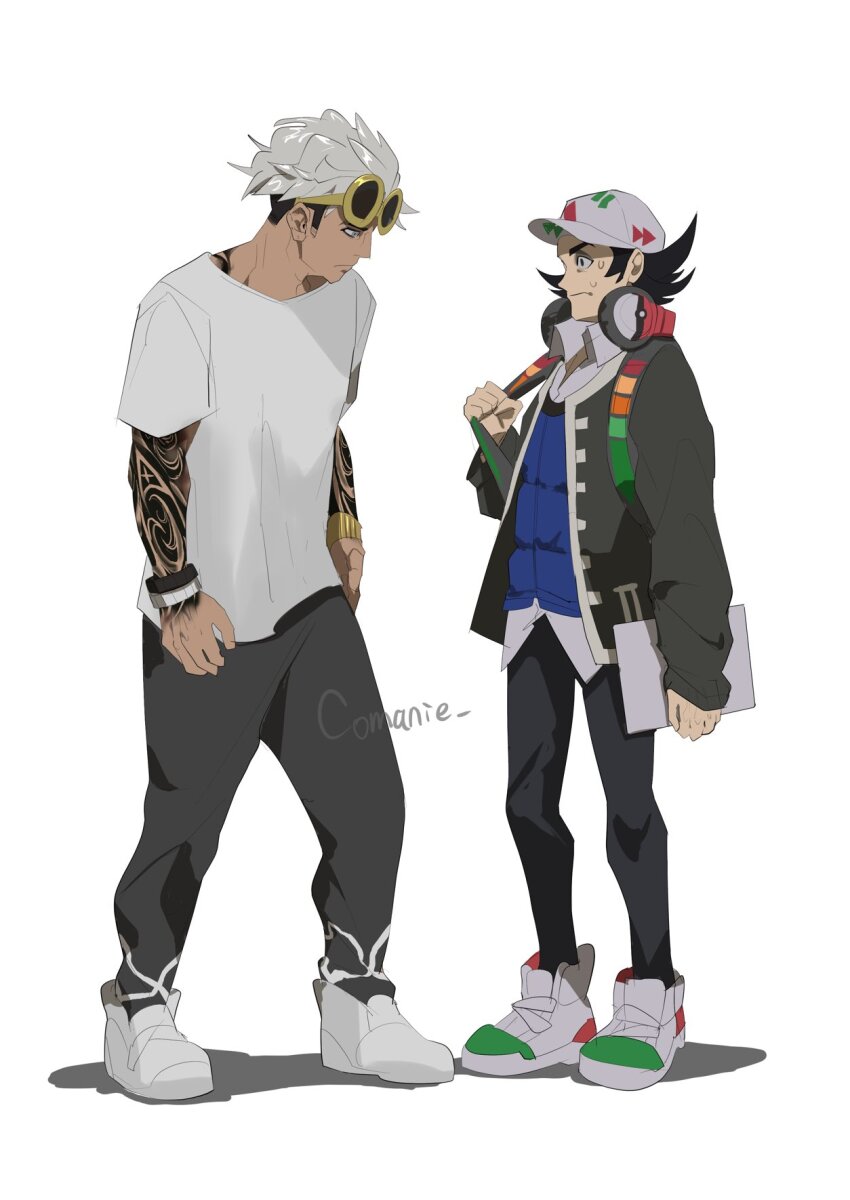 2boys arm_tattoo black_pants blue_vest bracelet closed_mouth collared_shirt comanie commentary_request creatures_(company) eyewear_on_head frown game_freak giacomo_(pokemon) guzma_(pokemon) hat headphones highres holding_strap jacket jewelry long_sleeves male_focus multicolored_hair multiple_boys nintendo open_clothes open_jacket pants pokemon pokemon_sm pokemon_sv shirt shoes short_hair short_sleeves standing sunglasses sweat t-shirt tattoo two-tone_hair vest yellow-framed_eyewear