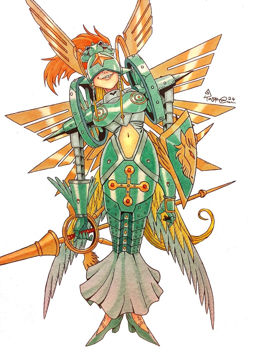 angel angel_boy armor digimon digimon_(creature) highres lance ofanimon polearm smile weapon wings