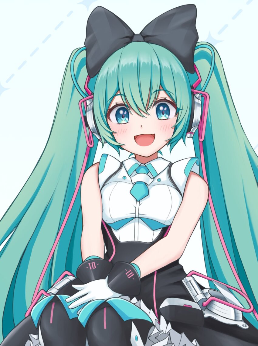 1girl aqua_eyes aqua_hair aqua_necktie bare_shoulders black_bow black_skirt blush bow collared_shirt commentary frilled_skirt frills gloves hair_bow hatsune_miku headphones highres long_hair looking_at_viewer magical_mirai_(vocaloid) magical_mirai_miku magical_mirai_miku_(2016) necktie nekoinu_bamboo open_mouth own_hands_together shirt simple_background sitting skirt smile solo twintails upper_body very_long_hair vocaloid white_gloves white_shirt