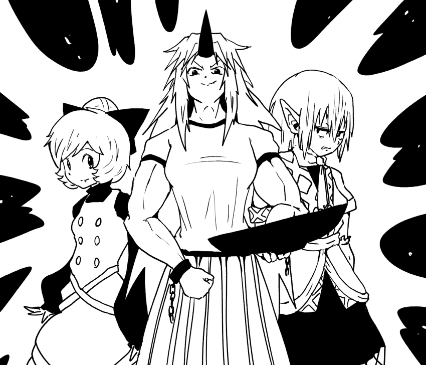 3girls bow closed_mouth cuffs danpey greyscale grimace hair_between_eyes hair_bow highres horns hoshiguma_yuugi kurodani_yamame long_hair long_sleeves mizuhashi_parsee monochrome multiple_girls muscular muscular_female pointy_ears shackles short_hair short_sleeves single_horn smile touhou