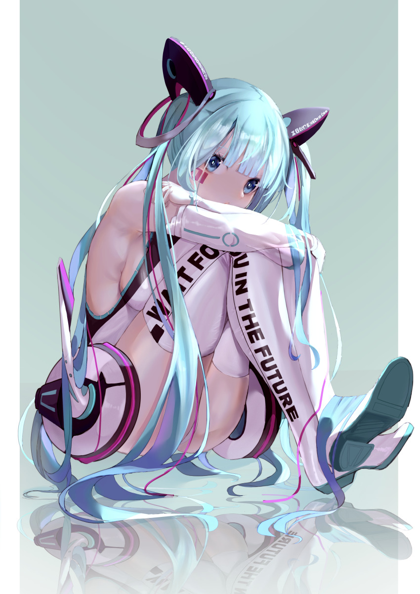 1girl absurdres aqua_background aqua_eyes aqua_footwear aqua_hair bare_shoulders boots breasts chaos_(user_vuuv2277) chinese_commentary closed_mouth commentary detached_sleeves facial_tattoo gloves hair_ornament hatsune_miku highres hugging_own_legs knees_up long_hair looking_at_viewer medium_breasts number_tattoo pink_ribbon reflection ribbon sideboob sitting solo tattoo thigh_boots thighhighs twintails vocaloid white_footwear white_gloves white_sleeves white_thighhighs wide_sleeves