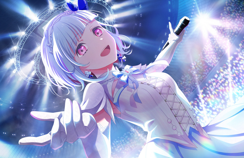 1girl :d aurora_flower_(love_live!) blue_skirt breasts butterfly_hair_ornament colored_inner_hair cross-laced_clothes cross-laced_top diagonal_bangs elbow_gloves game_cg gloves glowstick grey_hair hair_ornament hairband highres holding holding_microphone indoors lace lace-trimmed_gloves lace_trim link!_like!_love_live! looking_at_viewer love_live! microphone multicolored_hair official_art open_mouth penlight_(glowstick) pink_eyes red_hair shirt short_hair skirt sleeveless sleeveless_shirt small_breasts smile solo stage streaked_hair teeth third-party_source upper_body upper_teeth_only virtual_youtuber white_gloves white_hairband white_shirt yugiri_tsuzuri