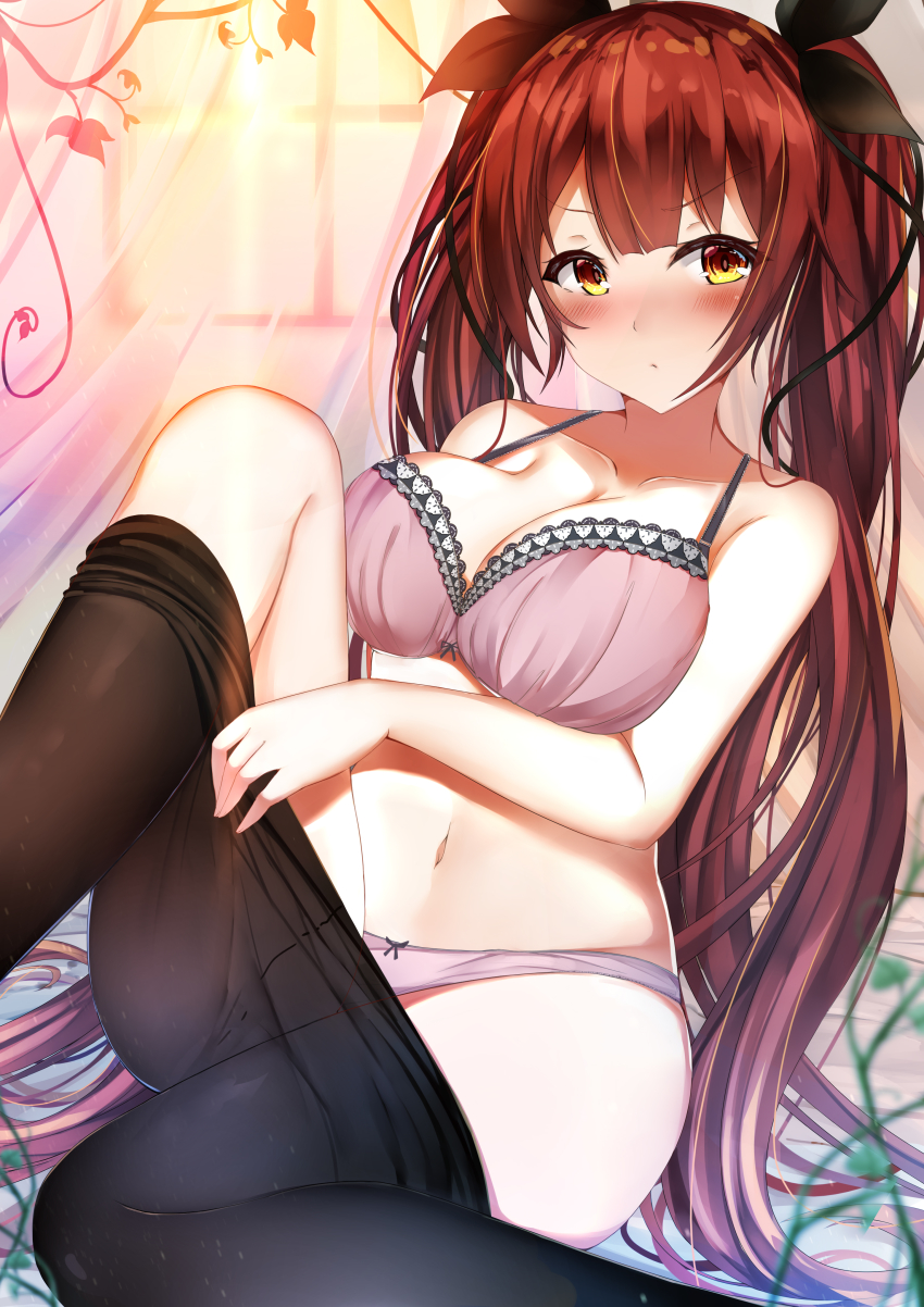 1girl absurdres azur_lane black_pantyhose black_ribbon blurry blush bra breasts cleavage closed_mouth collarbone commentary_request curtains depth_of_field female_focus hair_between_eyes hair_ribbon highres hiragi_ringo honolulu_(azur_lane) indoors large_breasts long_hair looking_at_viewer navel panties pantyhose pink_bra pink_panties red_eyes red_hair ribbon sitting solo stomach twintails underwear underwear_only very_long_hair