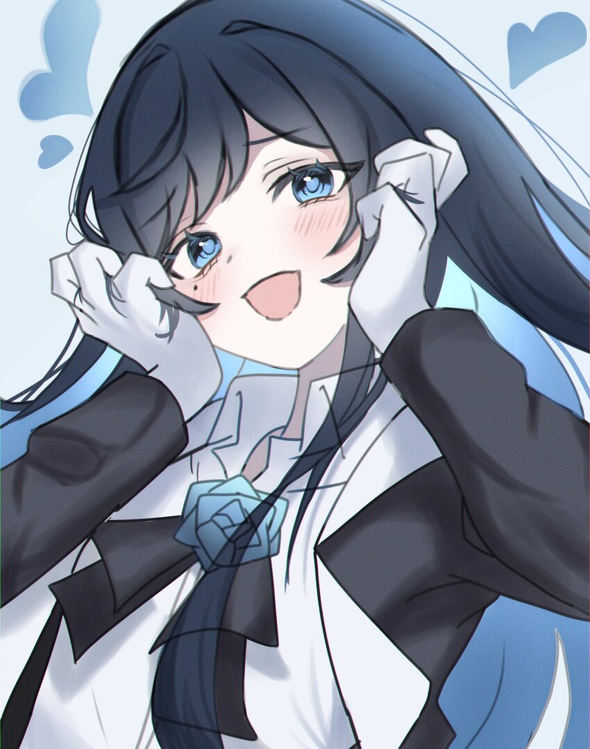 1girl 89_701 ado_(utaite) black_bow black_bowtie black_coat black_hair blue_eyes blue_flower blue_hair blue_rose blush bow bowtie chando_(ado) coat collared_shirt colored_inner_hair commentary_request flower flower_brooch gloves hands_on_own_cheeks hands_on_own_face heart heart-shaped_pupils highres long_hair long_sleeves mole mole_under_eye multicolored_hair open_clothes open_coat open_mouth rose shirt solo symbol-shaped_pupils utaite white_gloves white_shirt