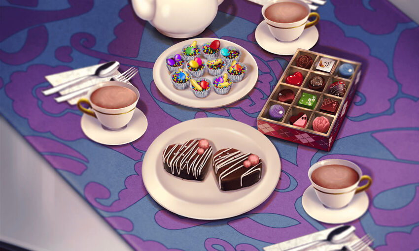 box box_of_chocolates candy chocolate chocolate_heart cup food food_focus food_wrapper fork game_cg heart heart-shaped_food icing indoors magia_record:_mahou_shoujo_madoka_magica_gaiden mahou_shoujo_madoka_magica napkin no_humans official_art plate saucer spoon table tablecloth tea teacup teapot tsuduki_neko valentine