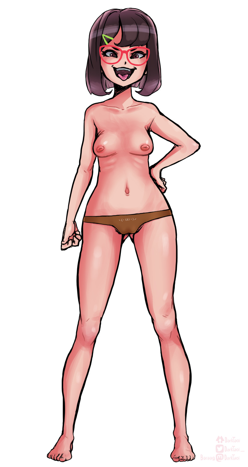 1girl 4chan absurdres artist_name asymmetrical_bangs b_(4chan) baraag_logo baraag_username barefoot bea-chan blunt_bangs breasts brown_eyes brown_hair brown_panties cameltoe character_sheet collarbone covered_erect_nipples dark_yaoi emoticon english_text evil_grin evil_smile feet glasses gluteal_fold grin hair_ornament hairclip highres legs_apart looking_at_viewer matching_hair/eyes midriff navel nipples panties ribs shiny_skin short_hair small_breasts smile teeth tongue tongue_out twitter_logo twitter_username underwear