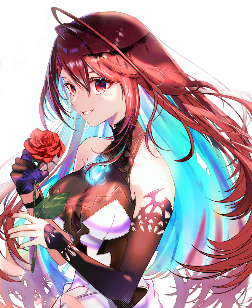 1girl absurdres ahoge bare_shoulders black_sleeves blue_fire blue_hair breasts colored_inner_hair elizabeth_rose_bloodflame elizabeth_rose_bloodflame_(1st_costume) fire flower grin hair_ornament highres holding holding_flower hololive hololive_english large_breasts long_hair looking_at_viewer multicolored_hair nail_polish red_eyes red_flower red_hair red_rose rose simple_background smile solo sowon transparent_background two-tone_hair upper_body very_long_hair virtual_youtuber white_background