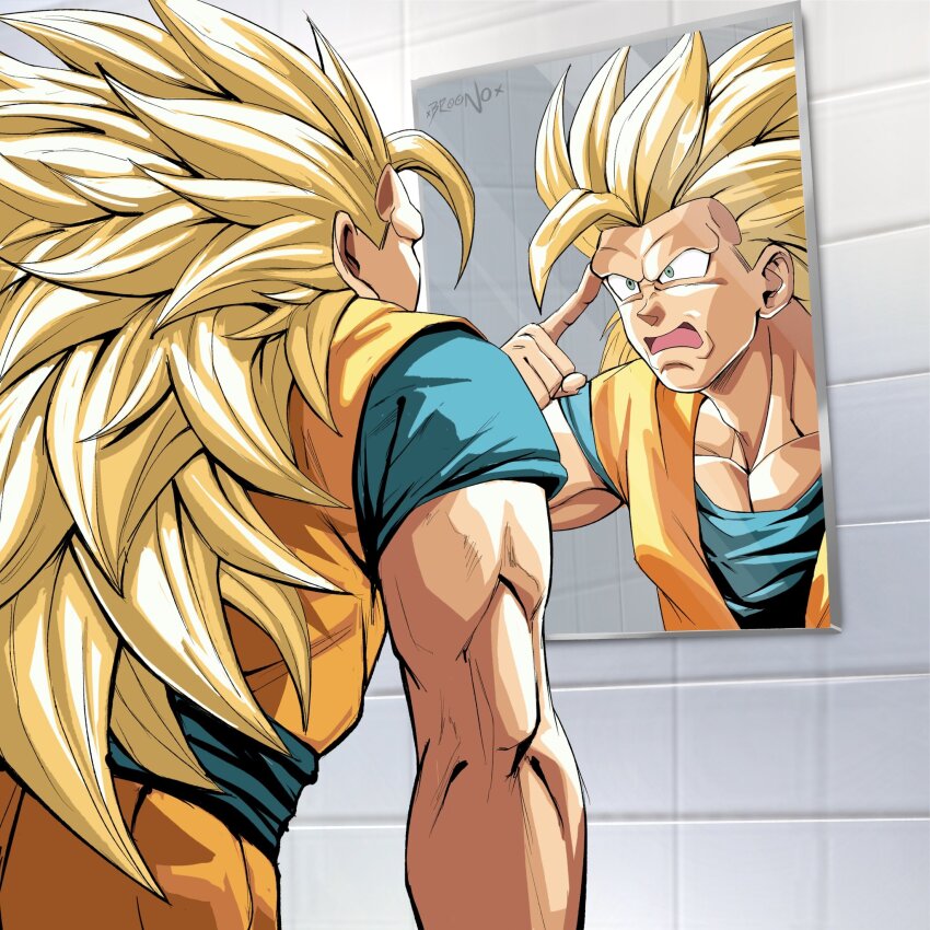 1boy blonde_hair broonoart commentary dougi dragon_ball dragonball_z english_commentary highres long_hair looking_at_mirror male_focus mirror muscular muscular_male reflection solo son_goku spiked_hair super_saiyan super_saiyan_3