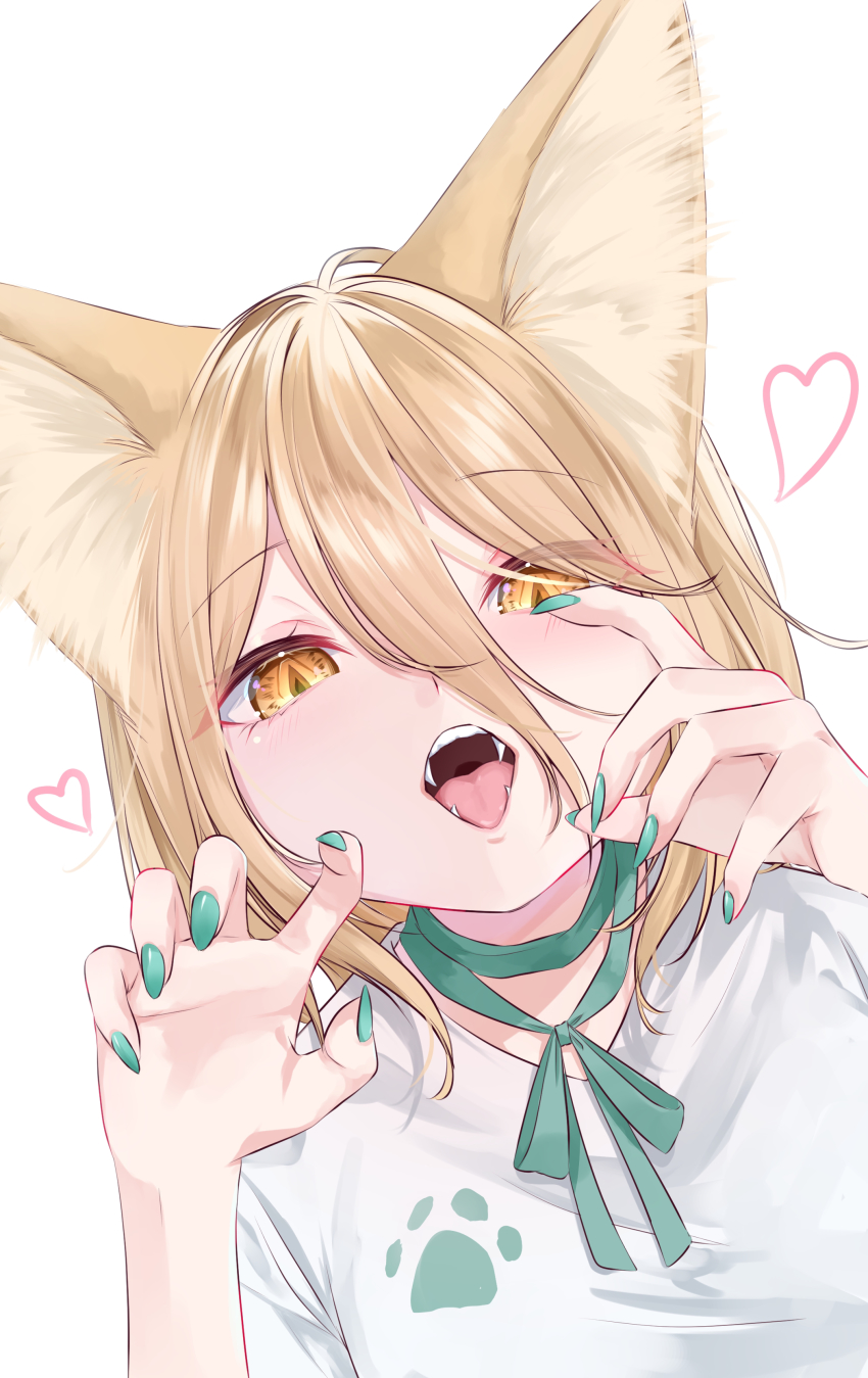 1girl absurdres animal_ear_fluff animal_ears aqua_nails blonde_hair eyes_visible_through_hair fangs fingernails fox_ears from_above green_ribbon hair_between_eyes hands_up heart highres kudamaki_tsukasa long_fingernails looking_at_viewer mizore_arius nail_polish neck_ribbon open_mouth oral_invitation paw_print ribbon simple_background slit_pupils teeth tongue touhou upper_body white_background yellow_eyes