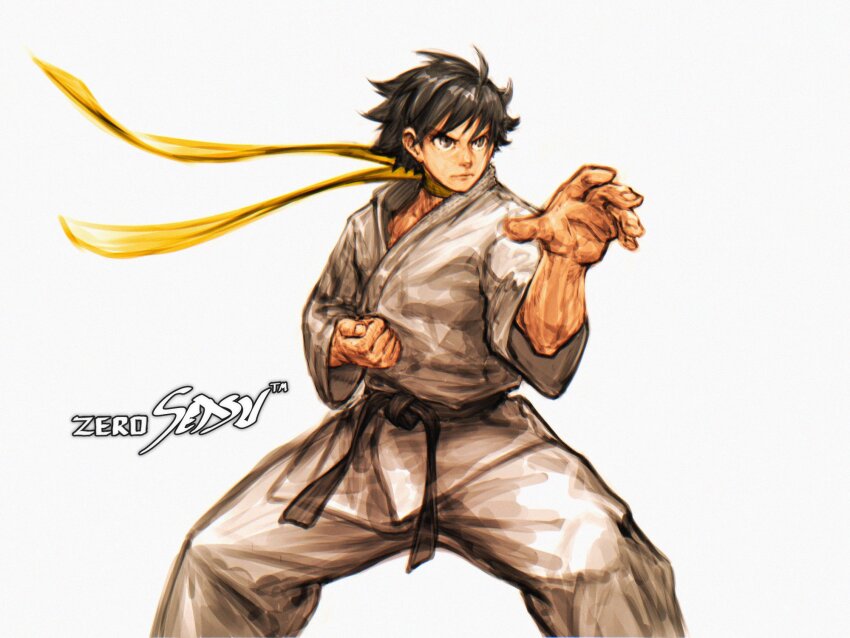 1girl belt black_belt black_eyes black_hair clenched_hand dougi hand_up highres makoto_(street_fighter) ribbon short_hair signature street_fighter street_fighter_iii_(series) yellow_ribbon zero_setsu