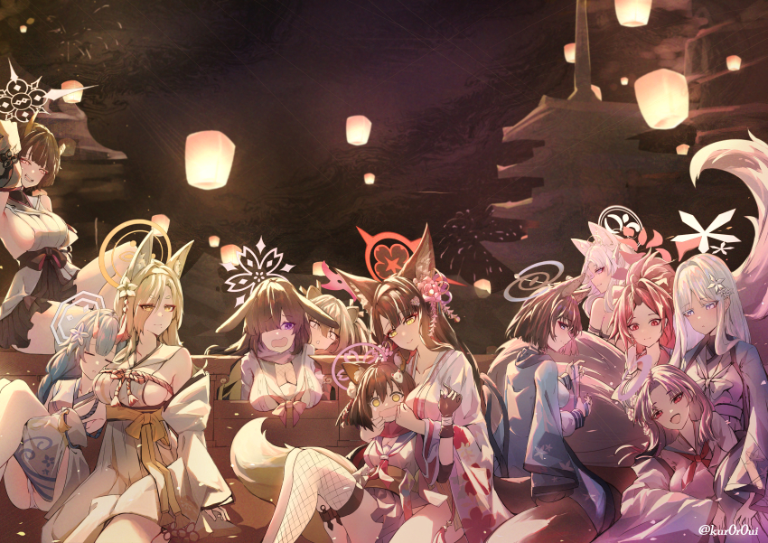 6+girls absurdres animal_ear_fluff animal_ears armpits bare_shoulders black_hair black_skirt blonde_hair blue_archive blue_hair blue_haori blue_ribbon blue_sailor_collar blue_skirt blush breasts broken_horn cat_ears cat_girl cat_tail chise_(blue_archive) cleavage closed_mouth demon_girl demon_horns detached_sleeves fishnet_thighhighs fishnets floral_print floral_print_kimono flower forehead fox_ears fox_girl fox_tail grey_eyes hair_between_eyes hair_flower hair_ornament hair_over_one_eye hands_on_another&#039;s_face haori head_on_another&#039;s_shoulder highres horns izuna_(blue_archive) japanese_clothes kaho_(blue_archive) kikyou_(blue_archive) kimono kunai kuroroui kuzunoha_(blue_archive) large_breasts long_hair looking_at_another michiru_(blue_archive) multiple_girls multiple_tails nagusa_(blue_archive) niya_(blue_archive) oni open_mouth panties pink_eyes pink_flower pom_pom_(clothes) ponytail print_kimono purple_eyes purple_hair rabbit_ears rabbit_girl raccoon_ears raccoon_girl red_hair red_ribbon red_scarf renge_(blue_archive) ribbon sailor_collar scarf shirt sideboob sidelocks single_thighhigh skirt sleeping smile tail thigh_strap thighhighs tsukuyo_(blue_archive) underwear wakamo_(blue_archive) weapon white_flower white_hair white_kimono white_panties white_shirt yellow_eyes yukari_(blue_archive)