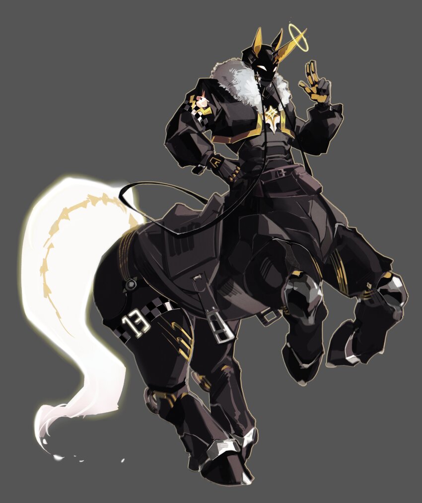 1boy absurdres arm_up belt belt_buckle black_jacket buckle centaur commentary_request cropped_jacket full_body fur-trimmed_collar fur_trim grey_background halo hand_on_own_hip highres hooves horns jacket korean_commentary male_focus mixed-language_commentary monster_boy no_pupils original robot saddle simple_background single_horn solo ssamci taur thigh_belt thigh_strap white_fur