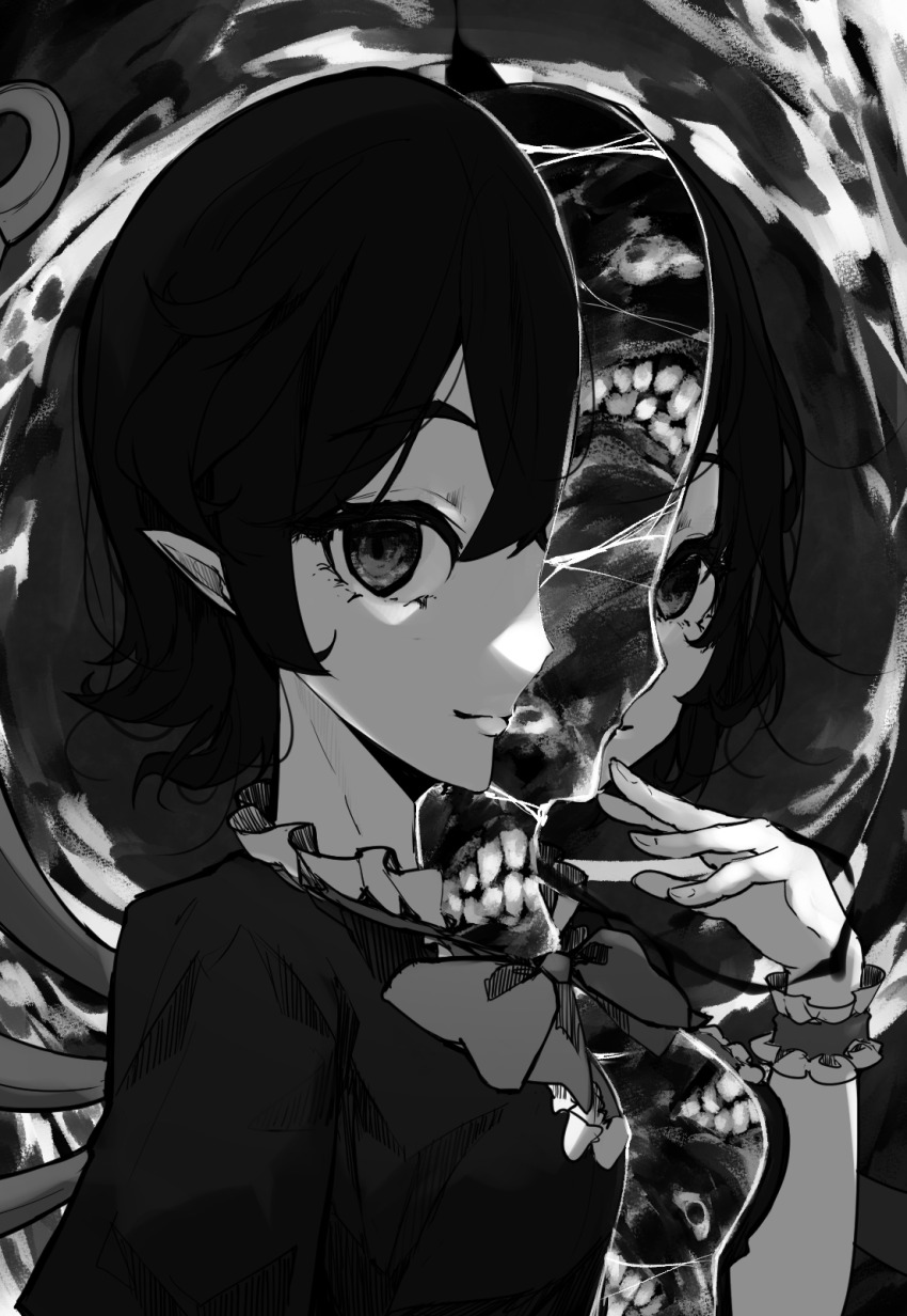 1girl bisected bow bowtie chiroru_(cheese-roll) closed_mouth greyscale highres horror_(theme) houjuu_nue looking_at_viewer monochrome pointy_ears sagittal_plane_cutting solo touhou upper_body wrist_cuffs