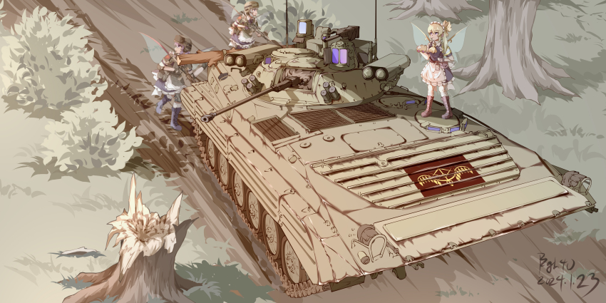 3girls absurdres armored_personnel_carrier armored_vehicle autocannon bmp-2 bush cannon daiyousei fairy fairy_maid_(touhou) highres military missile_pod motor_vehicle multiple_girls pzgr.40 touhou tree tree_stump vehicle_focus