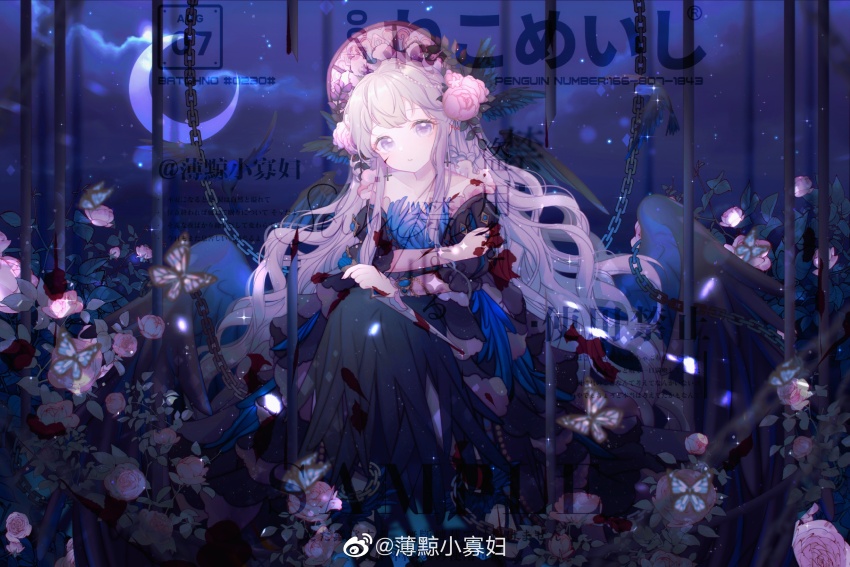 1girl bare_shoulders black_dress blood blood_on_clothes bloody_weapon blue_butterfly blue_gemstone bonnet boqing_xiao_guafu bracelet bud bug bush butterfly chinese_commentary cloud collarbone commentary_request commission crescent_moon dagger dated dress expressionless eyelashes feather-trimmed_dress flower frilled_sleeves frills full_body gem gold_bracelet grey_eyes grey_hair hair_flower hair_ornament highres holding holding_dagger holding_knife holding_weapon insect jewelry juliet_sleeves knife leaf light_blush light_particles long_dress long_hair long_sleeves looking_at_viewer moon night night_sky original outdoors parted_lips pink_flower pink_rose pleated_dress puffy_sleeves purple_bonnet purple_butterfly rose sample_watermark self_hug sidelocks sky sleeves_past_elbows solo too_many_watermarks very_long_hair watermark wavy_hair weapon weibo_watermark