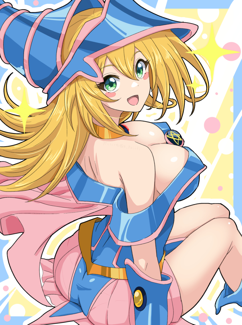 1girl ass bare_shoulders blonde_hair blue_footwear blush blush_stickers boots breasts choker cleavage daiichi_(1279220) dark_magician_girl duel_monster green_eyes hair_between_eyes hat highres large_breasts long_hair looking_at_viewer open_mouth sitting smile solo wizard_hat yu-gi-oh! yu-gi-oh!_duel_monsters