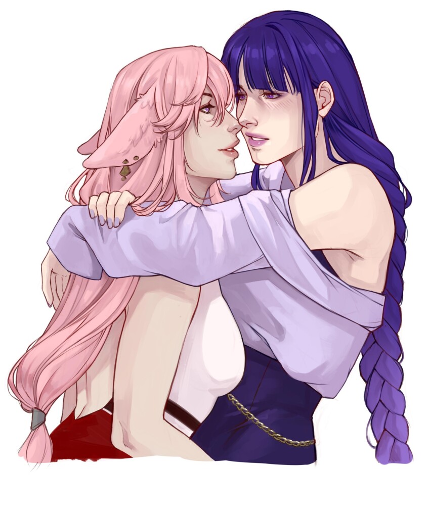 2girls animal_ears annasassiart bare_shoulders blush braid floppy_ears fox_ears genshin_impact hair_between_eyes highres hug long_hair long_sleeves low-braided_long_hair low-tied_long_hair multiple_girls pink_hair purple_eyes purple_hair purple_shirt raiden_shogun shirt simple_background smile third-party_source upper_body very_long_hair white_background yae_miko yuri