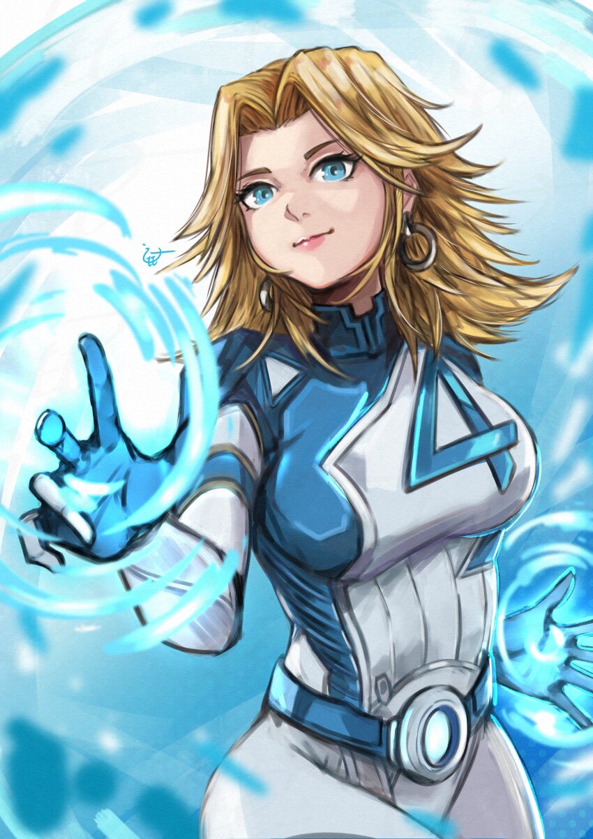 1girl absurdres belt blonde_hair blue_belt blue_eyes bodysuit breasts earrings eyelashes fantastic_four highres jewelry looking_at_viewer marvel marvel_rivals medium_breasts medium_hair momo_juice smile solo sue_storm white_bodysuit