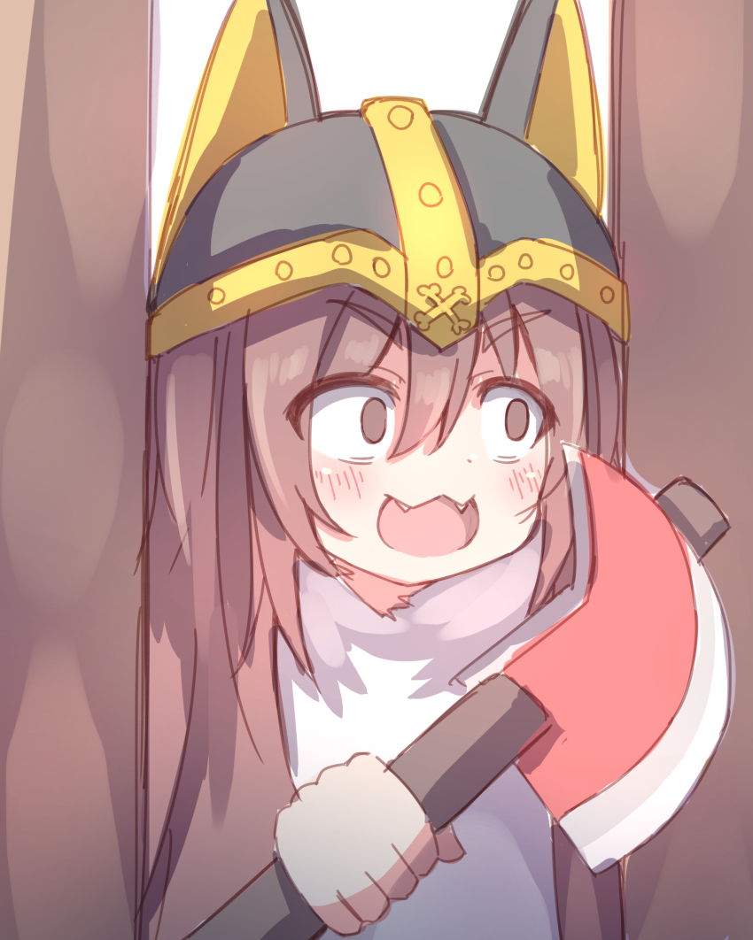 1girl :d absurdres animal_helmet axe blush brown_eyes brown_hair commentary_request empty_eyes fangs grey_hat hair_between_eyes hat helmet here&#039;s_johnny!_(meme) highres holding holding_axe hololive inugami_korone inugami_korone_(viking) long_hair meme open_mouth smile solo the_shining umberblack virtual_youtuber white_background