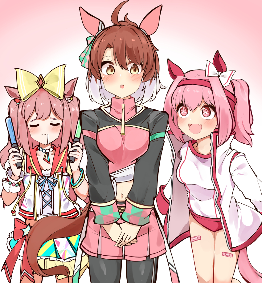 3girls :d absurdres agnes_digital_(umamusume) ahoge animal_ears bandaid bandaid_on_leg black_pantyhose blush bow breasts brown_eyes brown_hair buruma checkered_ribbon closed_eyes color_connection cowboy_shot dantsu_flame_(umamusume) drooling ear_covers fang flower-shaped_pupils flower_in_eye glowstick gradient_background hair_bow hair_color_connection hair_intakes haru_urara_(umamusume) headband highres holding holding_glowstick horse_ears horse_girl horse_tail large_breasts long_hair looking_at_another medium_hair midriff mouth_drool multicolored_hair multiple_girls navel open_mouth pantyhose pink_background pink_buruma pink_eyes pink_hair pink_shorts ponytail red_buruma red_headband saliva shi_(kamokamo910) shirt shorts simple_background skin_fang smile symbol-shaped_pupils symbol_in_eye tail tied_shirt trait_connection two_side_up umamusume white_background white_hair