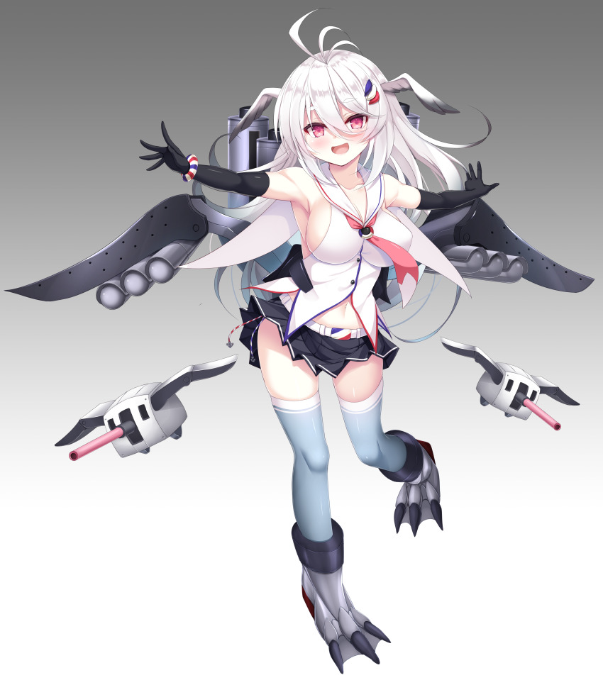 1girl :d absurdres airplane_wing albatros_(blue_oath) antenna_hair armpits bare_shoulders belt black_gloves black_skirt blue_oath blue_thighhighs bracelet breasts collarbone drone elbow_gloves gloves hair_between_eyes hair_ornament head_wings highres jewelry large_breasts long_hair looking_at_viewer machinery miniskirt navel neckerchief open_mouth outstretched_arms pleated_skirt red_eyes sailor_collar shirt skirt sleeveless sleeveless_shirt smile solo stomach thighhighs thighs turret white_hair white_shirt wings yukizuki_chikuba zettai_ryouiki