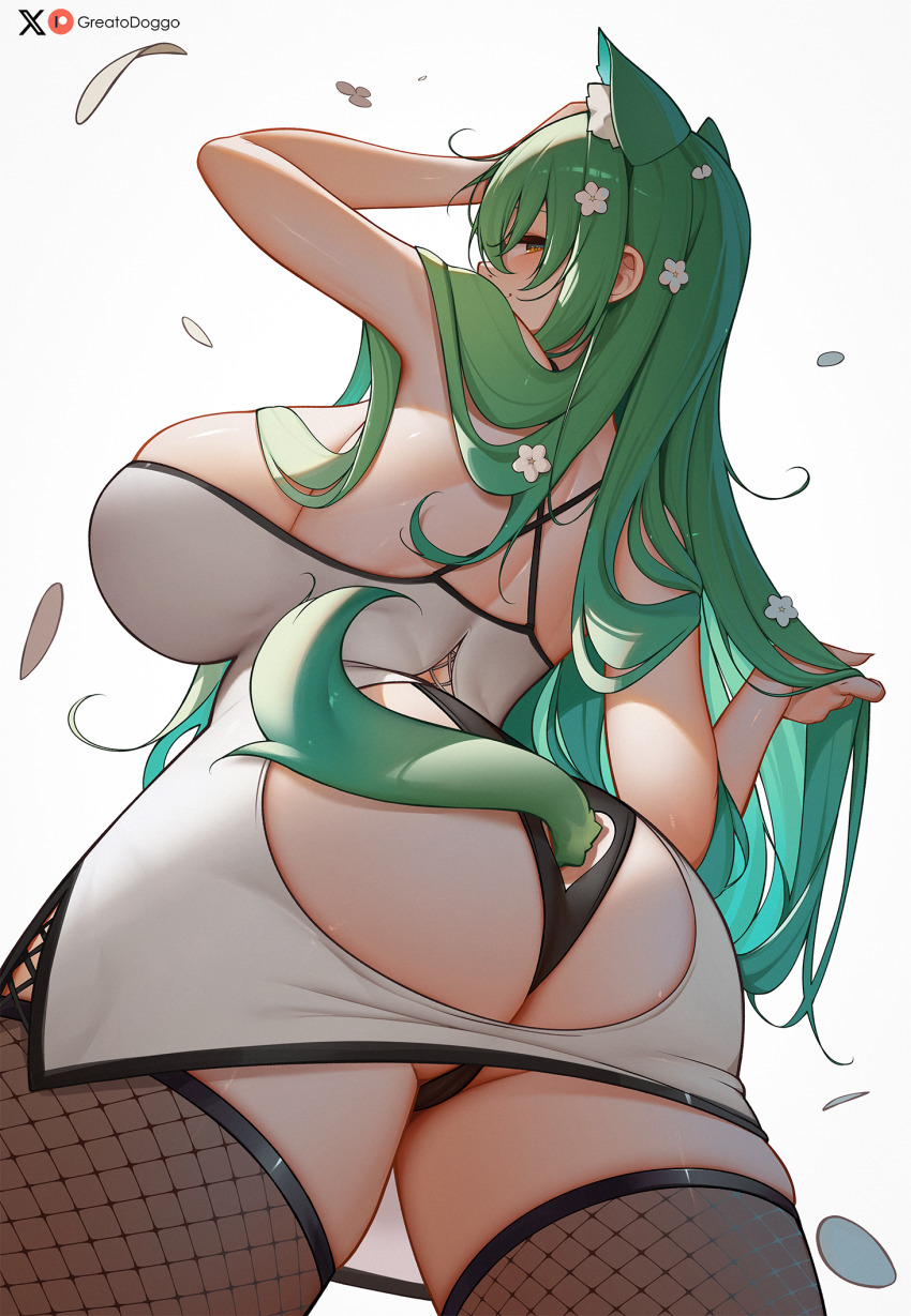 1girl animal_ears artist_name ass ass_cutout ass_focus black_panties breasts brown_eyes brown_thighhighs ceres_fauna clothing_cutout commentary fishnet_thighhighs fishnets flower greatodoggo green_hair grey_background hair_flower hair_ornament heart_cutout highres hololive hololive_english huge_breasts large_breasts long_hair looking_at_viewer looking_back panties sideboob simple_background standing tail thighhighs underwear virtual_youtuber white_flower