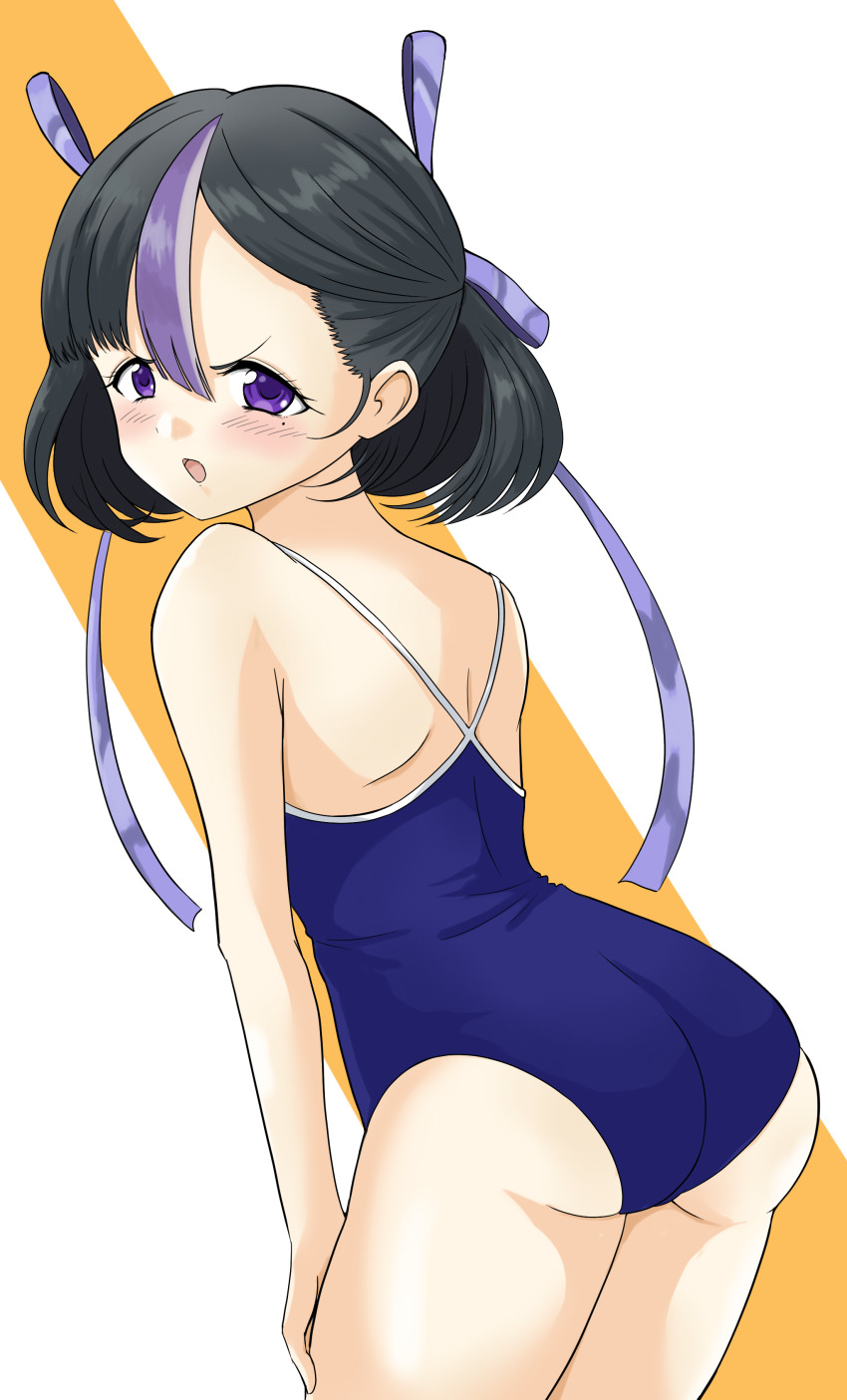 1girl absurdres annoyed ass bare_shoulders black_hair blush from_behind frown goddess_of_victory:_nikke hair_ribbon highres leaning leaning_forward looking_at_viewer multicolored_hair one-piece_swimsuit open_mouth purple_eyes purple_hair ribbon short_hair solo swimsuit syuen_(nikke) turu two-tone_hair