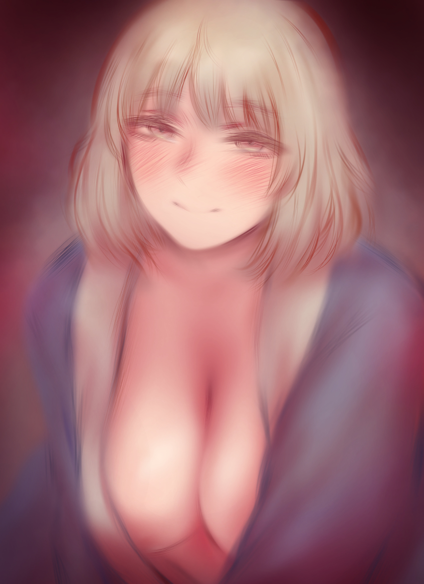 1girl blonde_hair blue_robe blush breasts cleavage closed_mouth commentary dungeon_meshi falin_touden falin_touden_(tallman) highres large_breasts looking_at_viewer nipples robe short_hair shpo smile solo