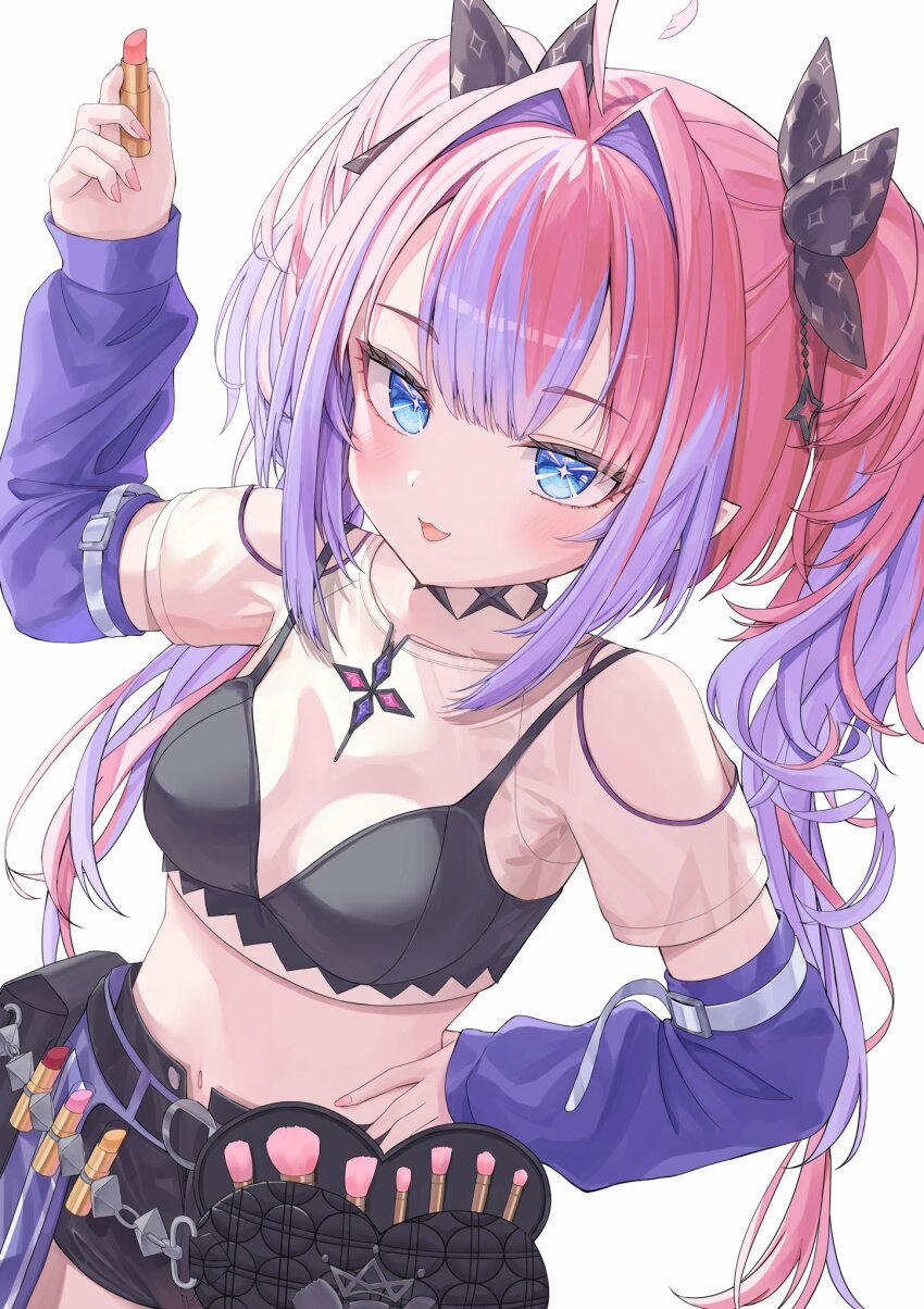 1girl ahoge arm_warmers bare_shoulders black_bow black_bra black_choker black_shorts blue_eyes bow bra bra_over_clothes choker clothing_cutout cosmetics cropped_shirt hair_bow hair_intakes hand_on_own_hip highres holding holding_lipstick_tube hololive hololive_dev_is kikirara_vivi lipstick_tube long_hair looking_at_viewer makeup_brush multicolored_hair nail_polish navel open_mouth orange_lipstick_tube pink_hair pink_lipstick_tube pink_nails pointy_ears purple_arm_warmers purple_hair raodu shirt short_shorts shorts shoulder_cutout simple_background solo streaked_hair twintails underwear very_long_hair virtual_youtuber white_background white_shirt