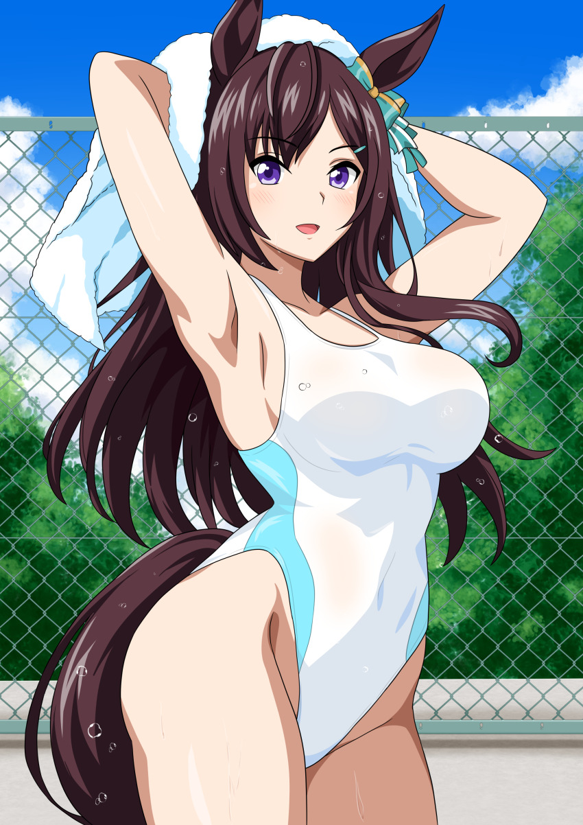 1girl absurdres animal_ears black_hair blue_sky breasts bush cloud commentary_request competition_swimsuit covered_navel day highleg highleg_one-piece_swimsuit highres horse_ears horse_girl horse_tail large_breasts long_hair mejiro_dober_(umamusume) one-piece_swimsuit outdoors purple_eyes sky solo swimsuit tail towel towel_on_head two-tone_swimsuit umamusume wet wet_hair white_one-piece_swimsuit yuuyuu_(3jjbn)