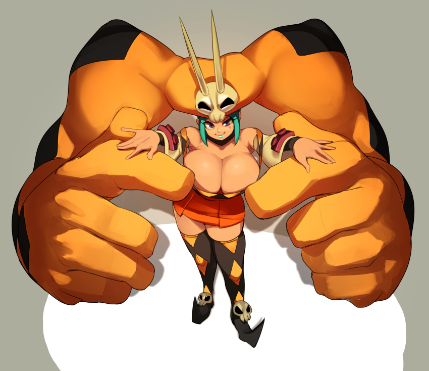 1girl absurdres aqua_hair aqua_lips boots breasts cerebella_(skullgirls) cleavage from_above full_body green_lips grey_background half-closed_eye hands_up hat highres large_breasts looking_at_viewer naze skirt skullgirls smile solo standing thigh_boots thighhighs vice-versa_(skullgirls)