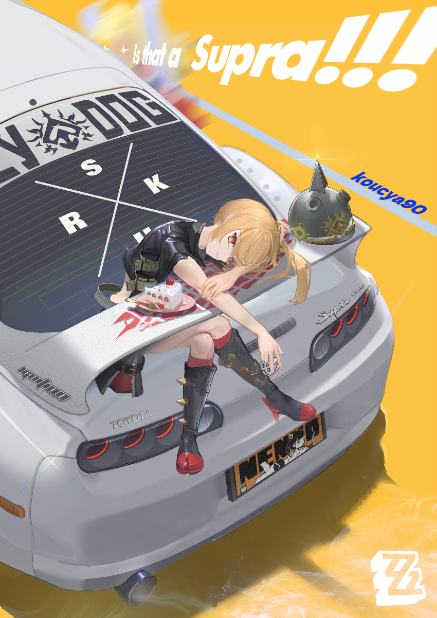 +_+ 2girls absurdres artist_name black_jacket blonde_hair boots cake car combat_helmet crossed_legs english_text exhaust food fork glint head_rest helmet highres inward_v jacket koucya90 long_hair looking_at_viewer luciana_de_montefio motion_blur motor_vehicle multiple_girls pickelhaube piper_wheel plate red_eyes side_ponytail sitting_on_car smile strawberry_shortcake toyota toyota_supra toyota_supra_mk_iv unworn_headwear v zenless_zone_zero