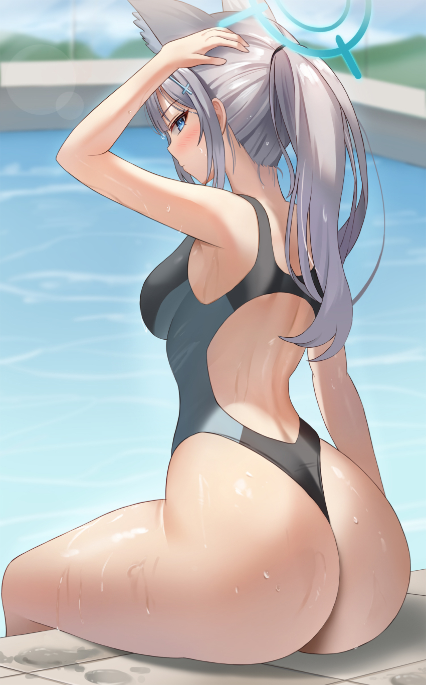 1girl absurdres animal_ear_fluff animal_ears ass blue_archive blue_eyes blush breasts commentary competition_swimsuit cross_hair_ornament extra_ears grey_hair hair_ornament halo highres huge_ass kitin large_breasts looking_at_viewer mismatched_pupils official_alternate_costume one-piece_swimsuit ponytail pool poolside shiroko_(blue_archive) shiroko_(swimsuit)_(blue_archive) sitting solo swimsuit thick_thighs thighs wet wolf_ears